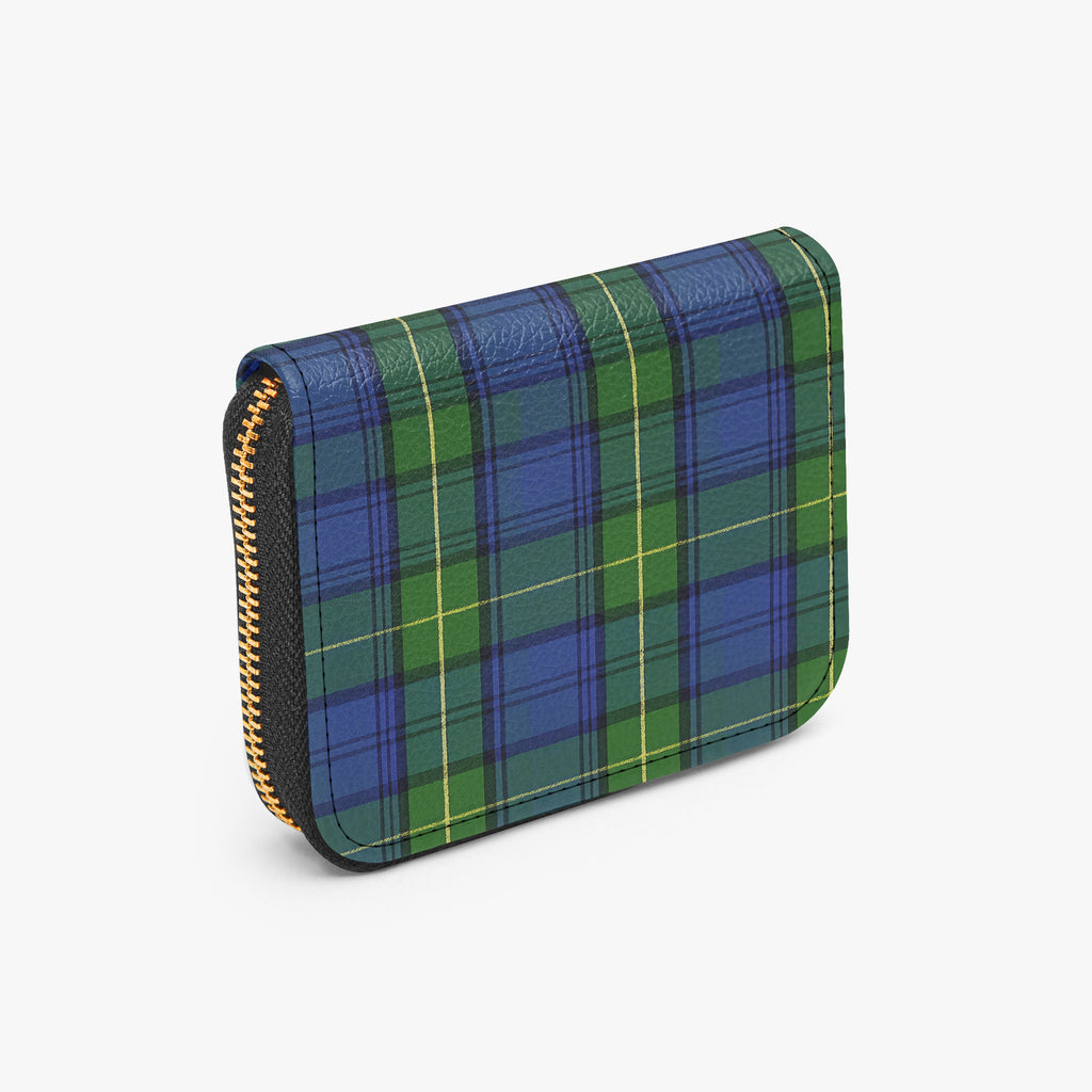 Blue & Green Plaid Bifold Zipper Wallet angled exterior view