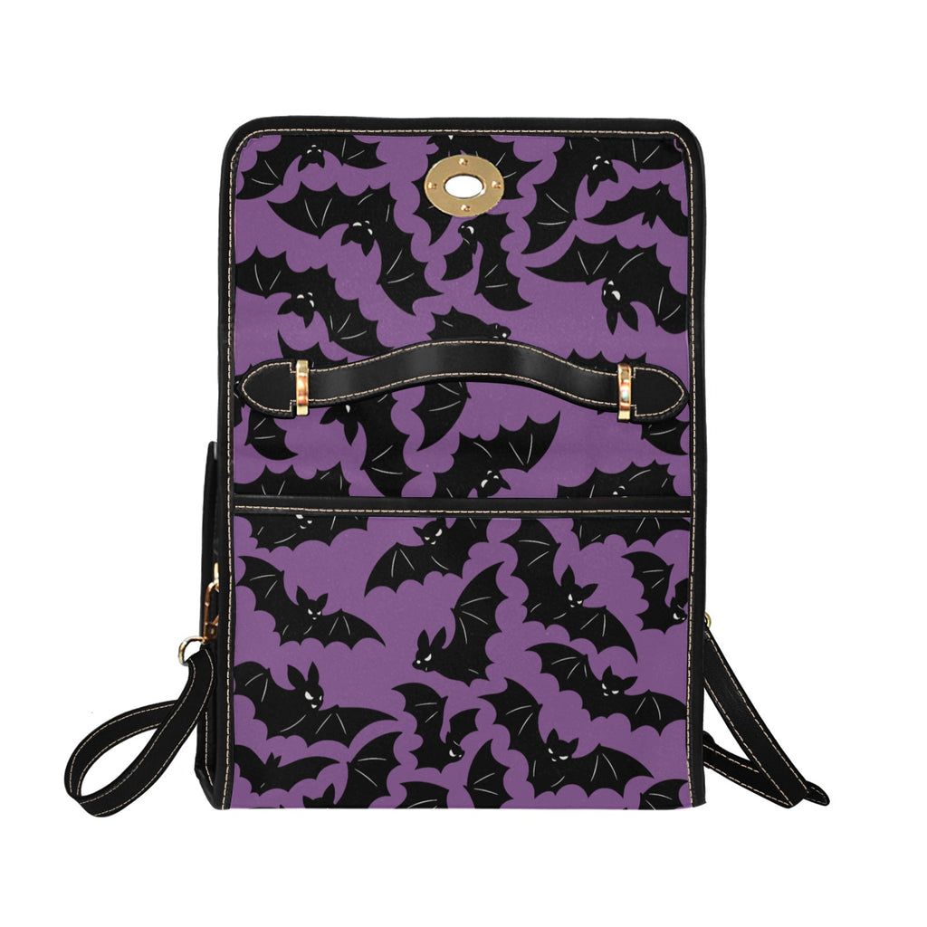 Purple Bat Swarm Canvas Bag with the flap open, showing clasp and strap