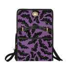 Purple Bat Swarm Canvas Bag with the flap open, showing clasp and strap