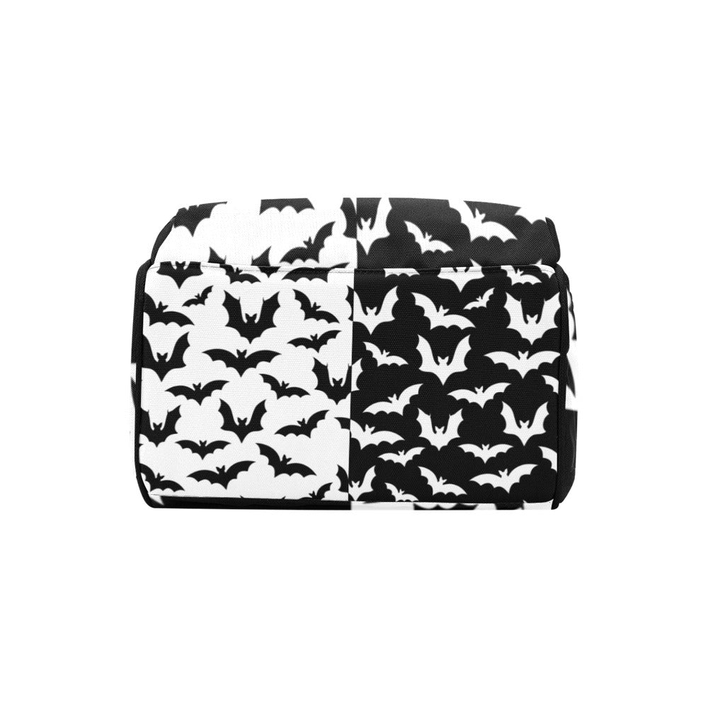 Black & White Bats Backpack bottom view of the patterned backpack