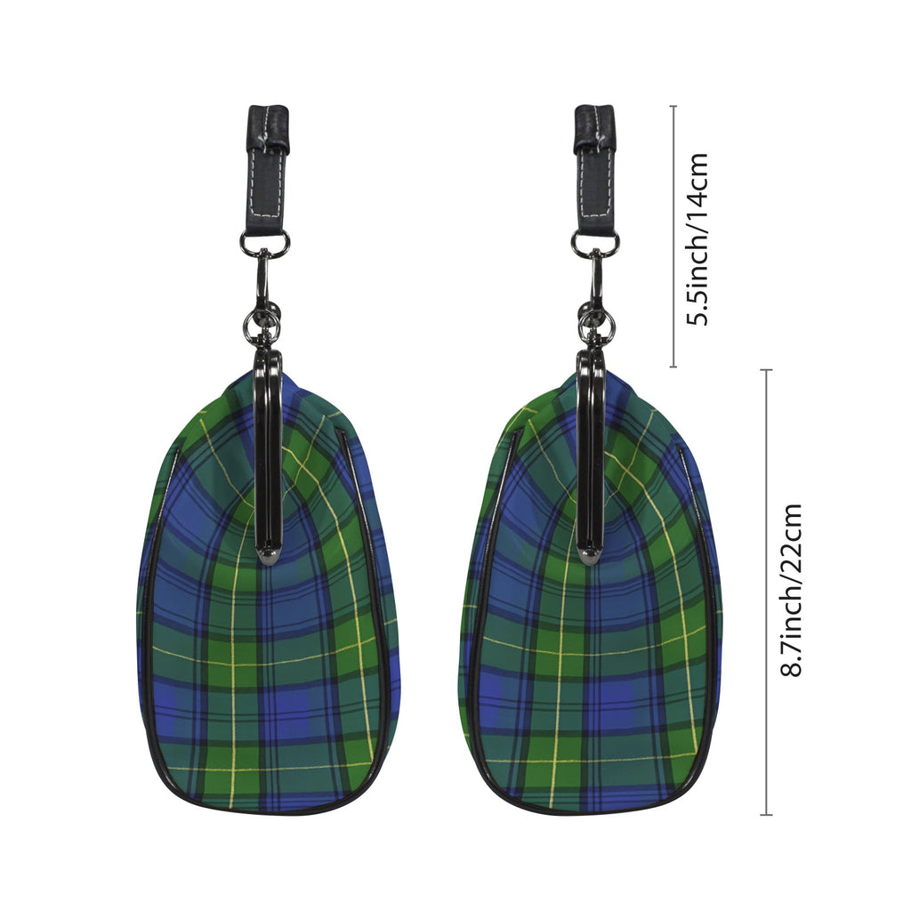 Two side profiles of kisslock bag with blue and green plaid pattern beside dimension markers
