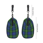 Two side profiles of kisslock bag with blue and green plaid pattern beside dimension markers
