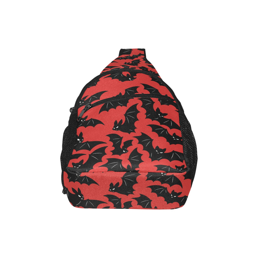 Broad panel of chest bag with red and black bat pattern and curved zippered pocket
