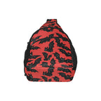 Broad panel of chest bag with red and black bat pattern and curved zippered pocket