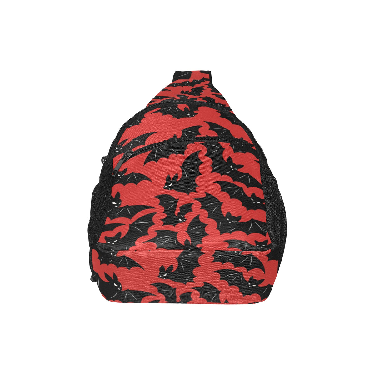 Broad panel of chest bag with red and black bat pattern and curved zippered pocket