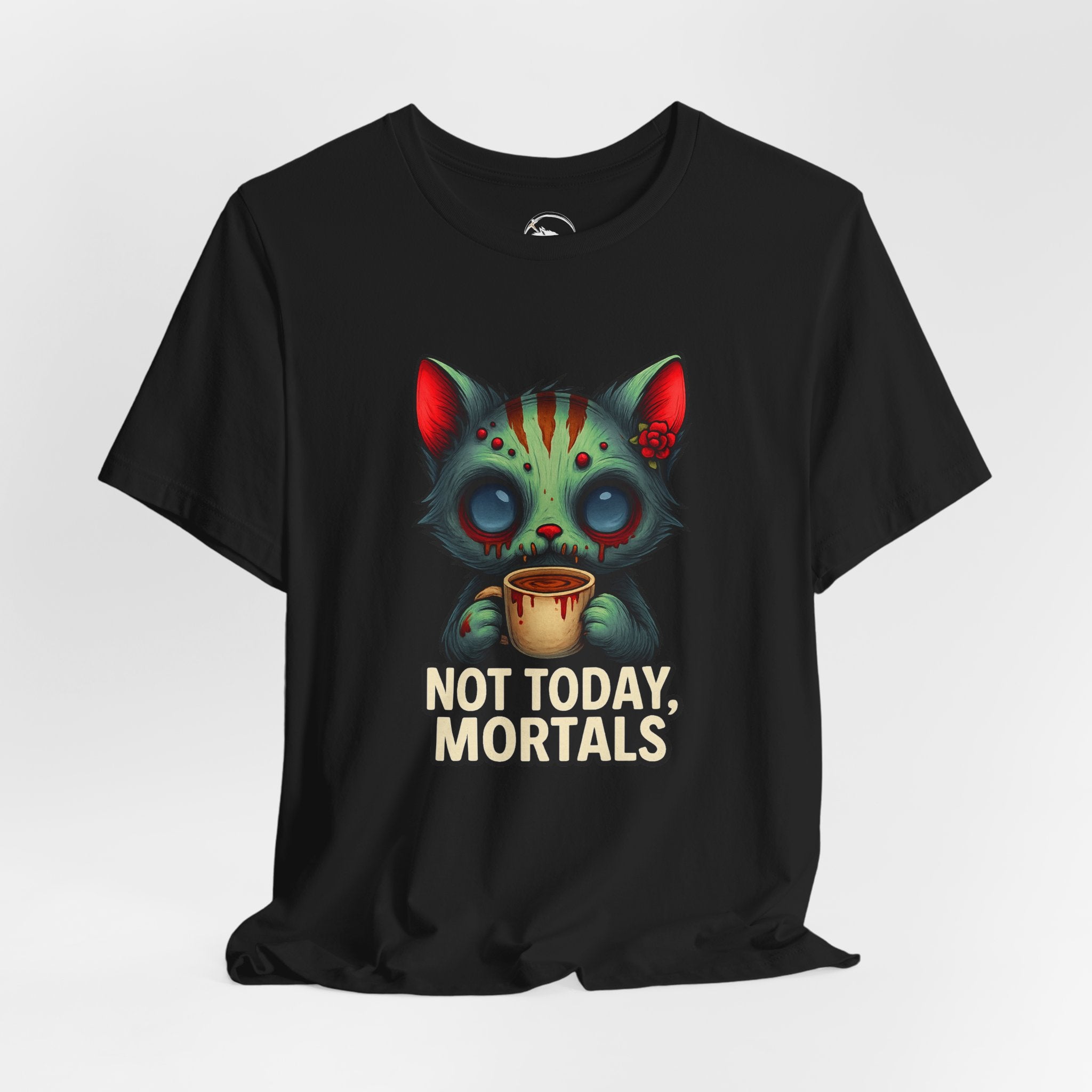 Cat Skull Tee — "Not Today, Mortals" Gothic Cat Graphic Shirt