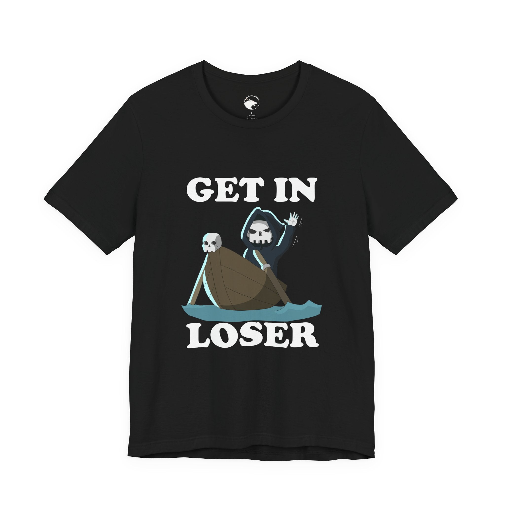 Get In Loser Grim Reaper T-Shirt  Funny Halloween Skeleton Boat Tee