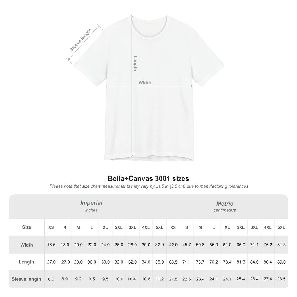 Bella+Canvas 3001 shirt size chart from XS through 5XL