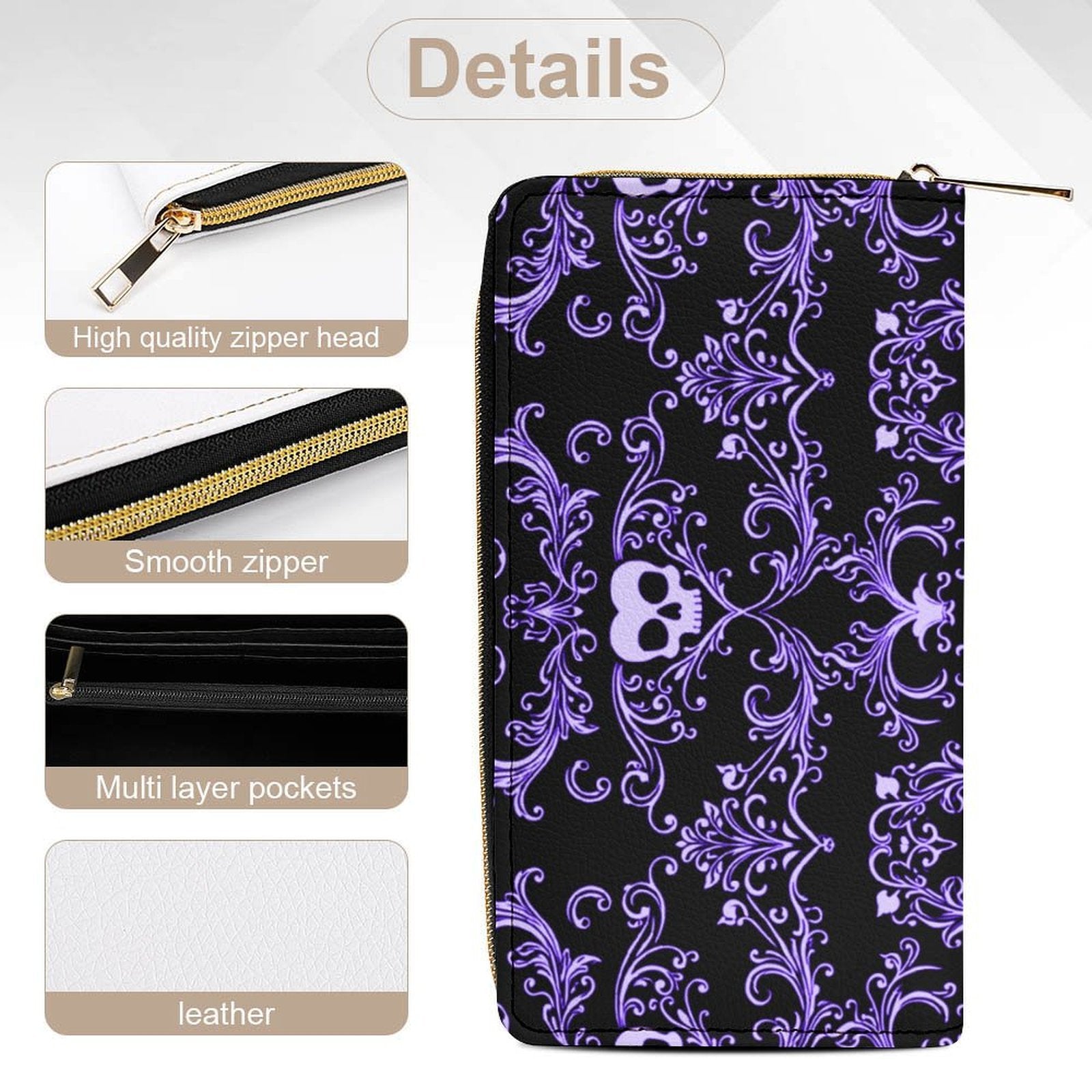 Purple Skull Damask Leather Wallet