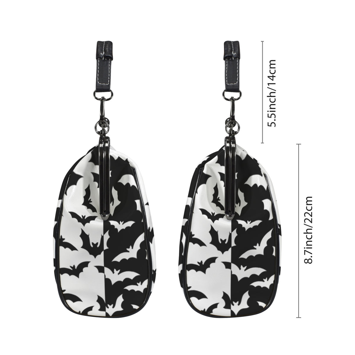 Two side profiles of kisslock bag with black and white bat pattern beside dimension markers