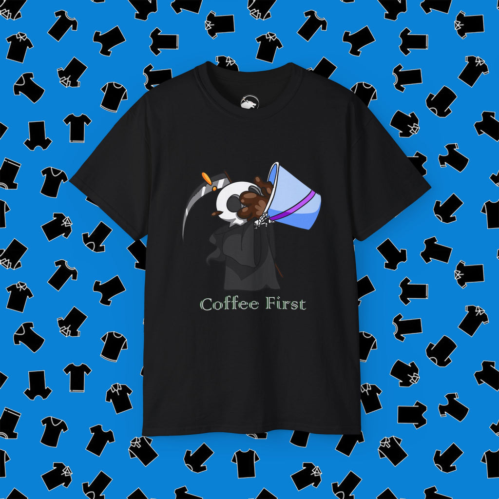 Coffee First T‑Shirt  Cute Dog Drinking Coffee Graphic Tee