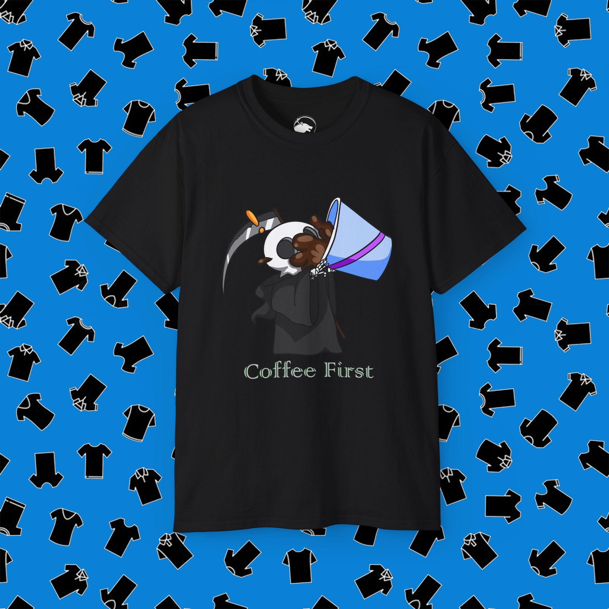 Coffee First T‑Shirt  Cute Dog Drinking Coffee Graphic Tee