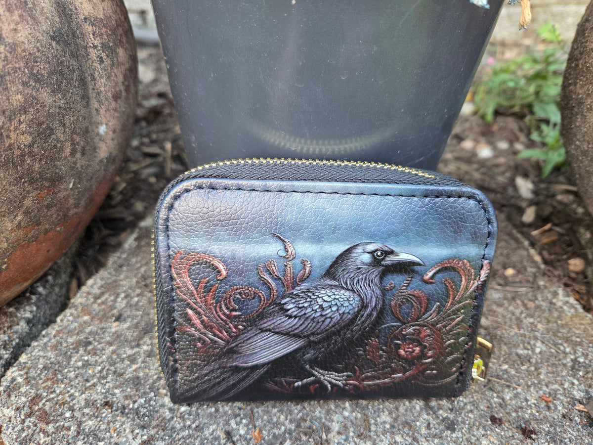 Black Crow Bifold Zipper Wallet second exterior front view