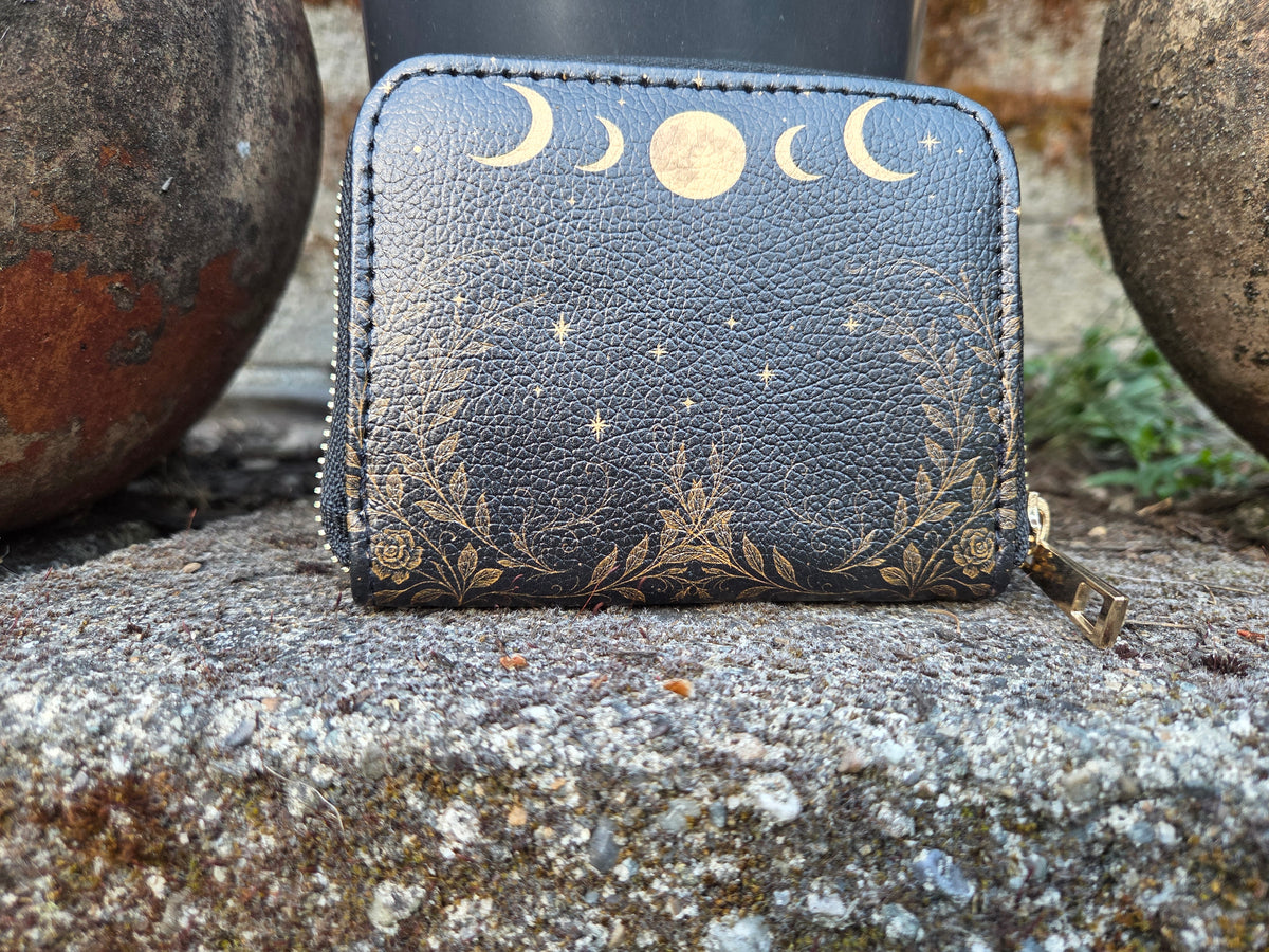 Golden Moon Phase Bifold Zipper Wallet alternate exterior front view