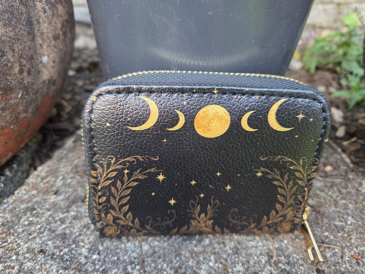 Golden Moon Phase Bifold Zipper Wallet second exterior front view