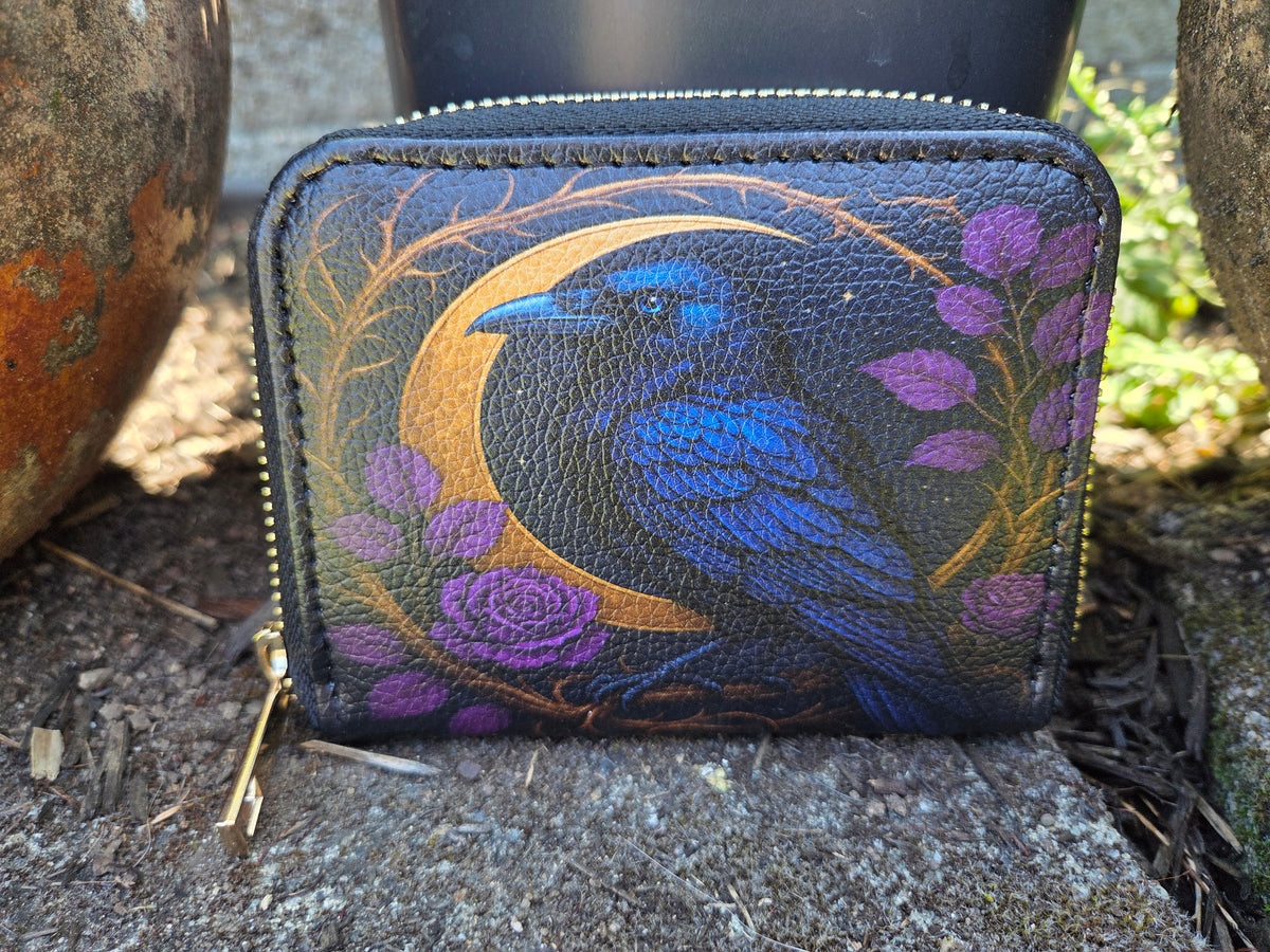Moonlit Crow & Crescent Bifold Zipper Wallet alternate exterior front view