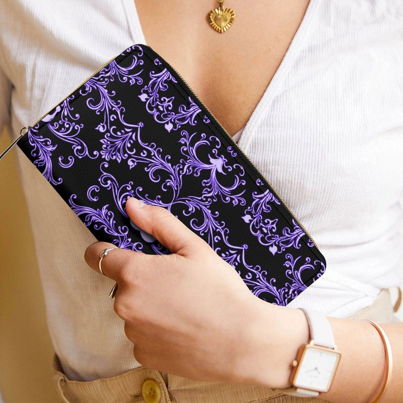 Purple Skull Damask Leather Wallet