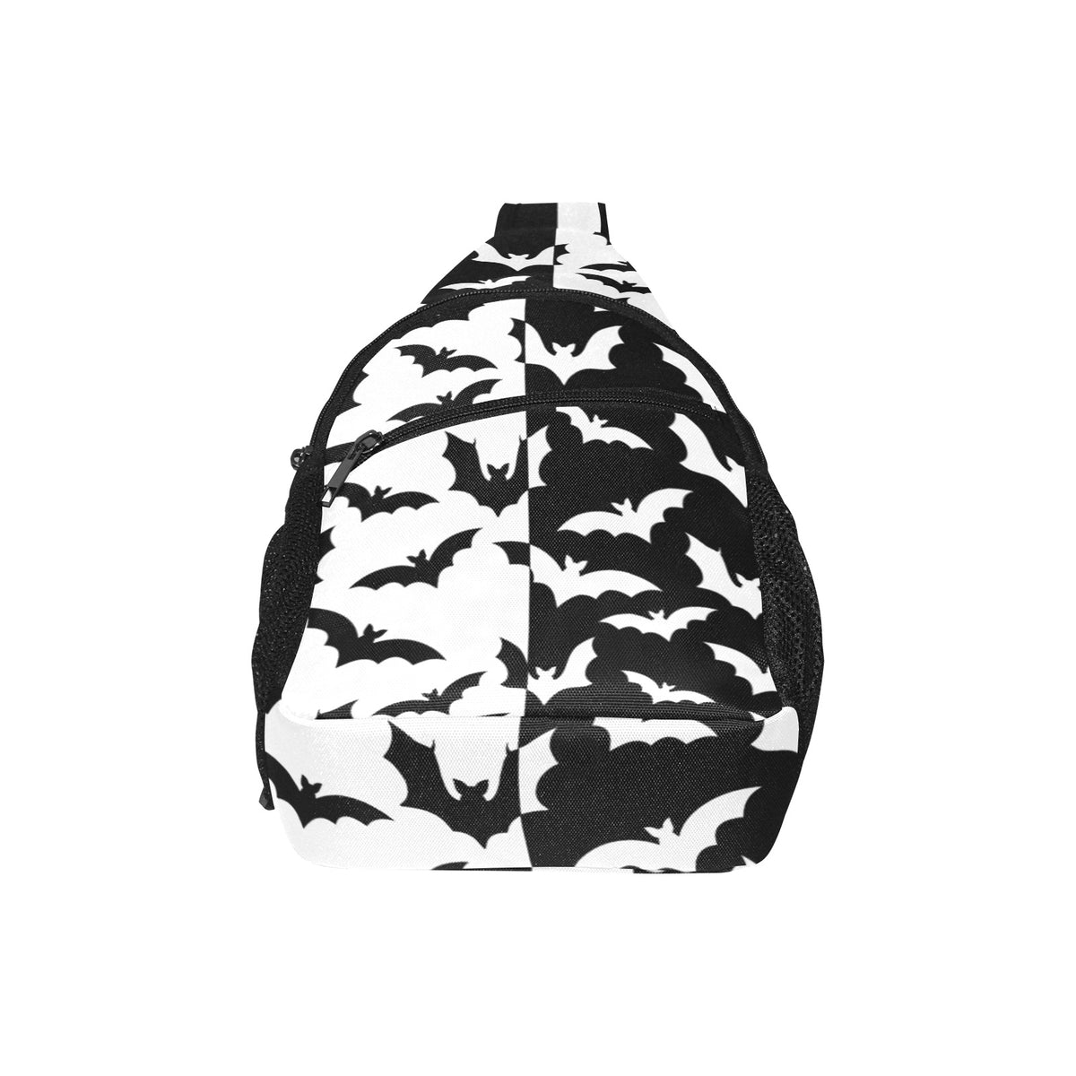Broad panel of chest bag with black and white bat pattern and curved zippered pocket