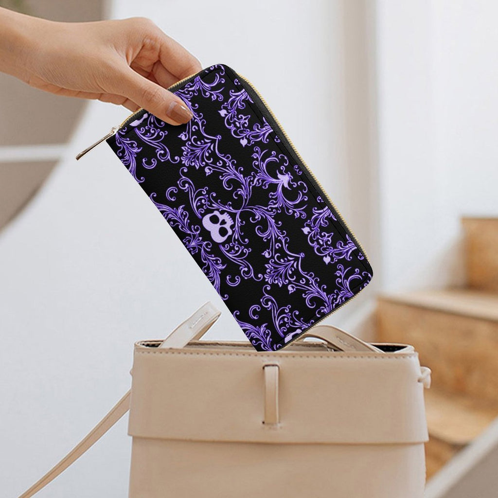 Purple Skull Damask Leather Wallet