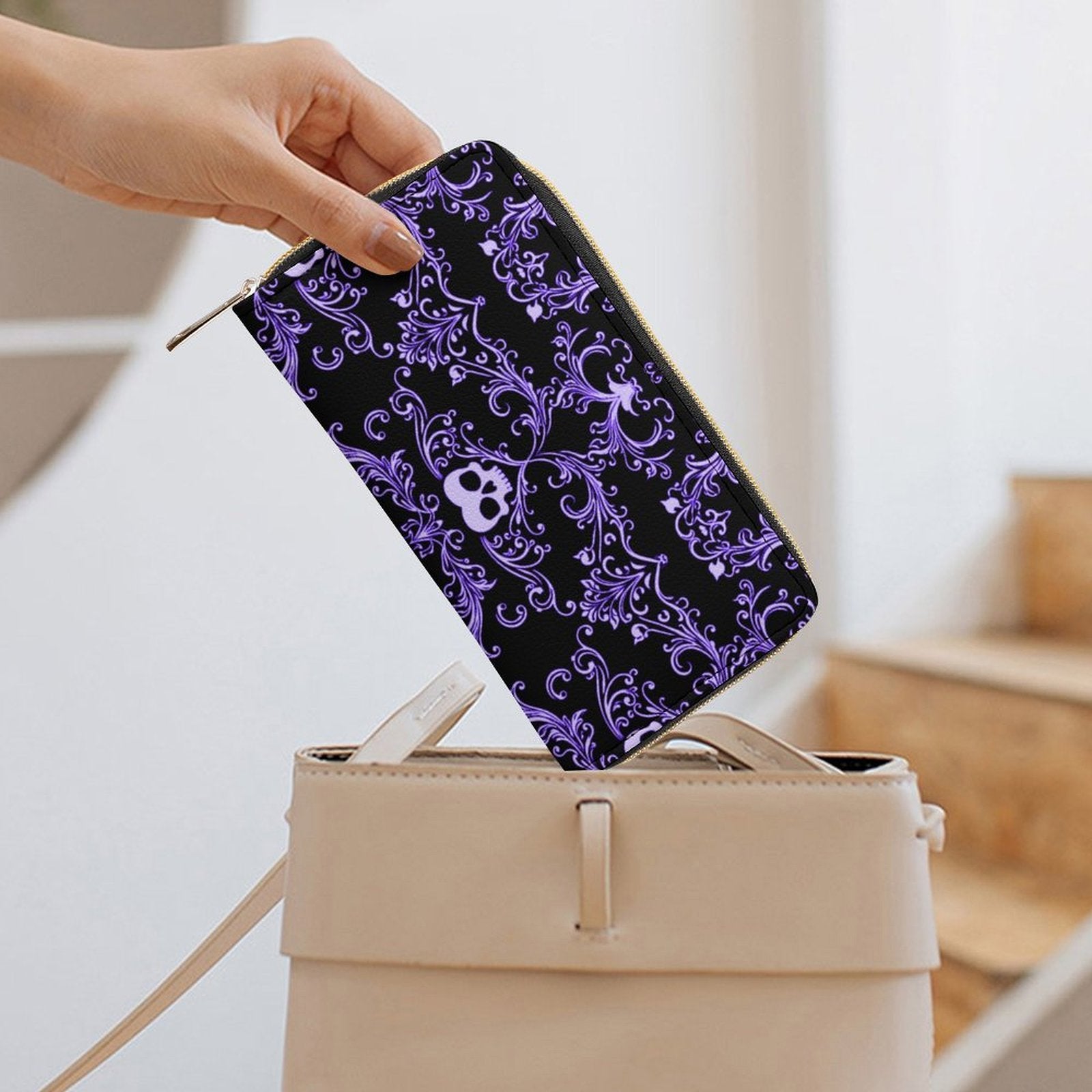 Purple Skull Damask Leather Wallet