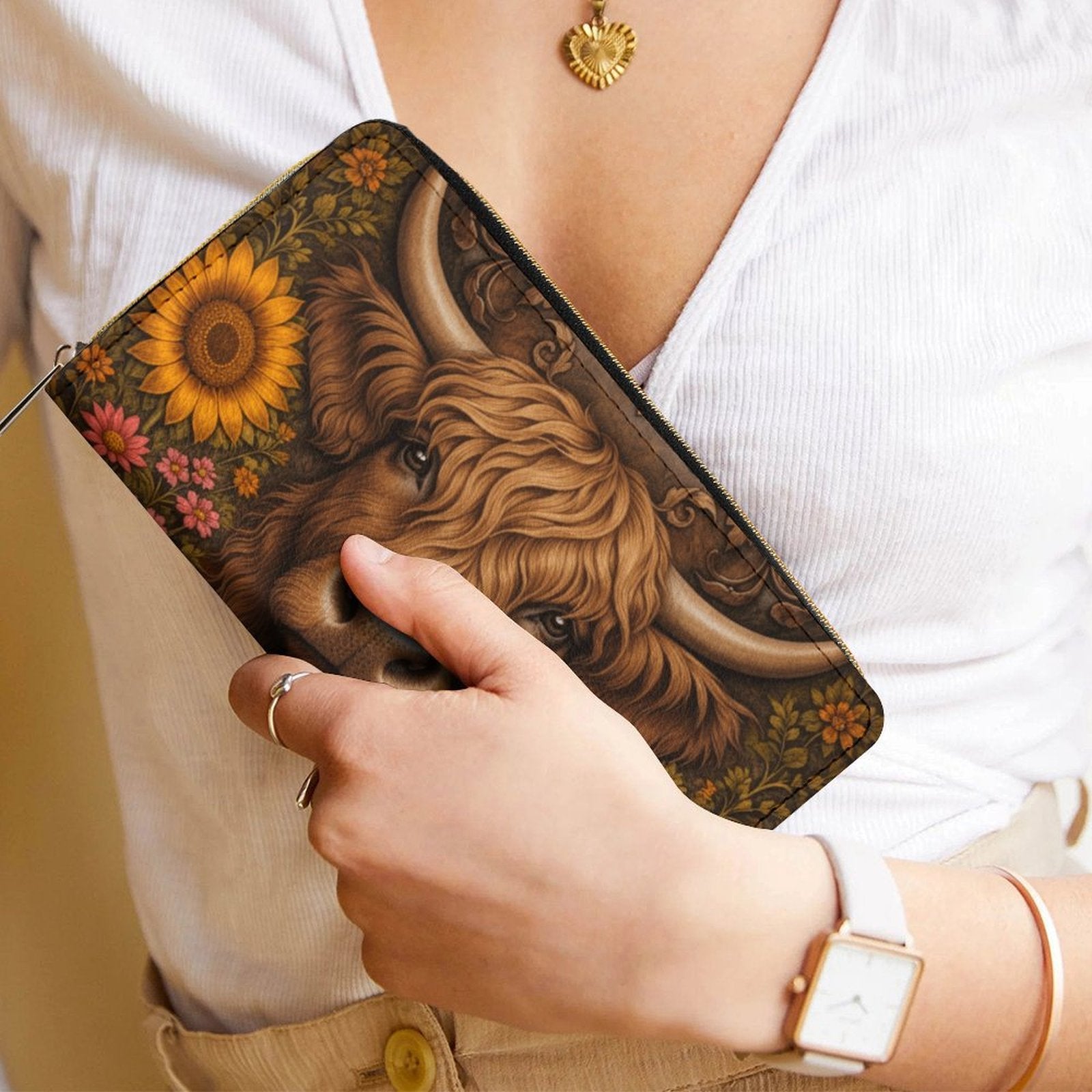 Highland Cow Sunflower Leather Wallet