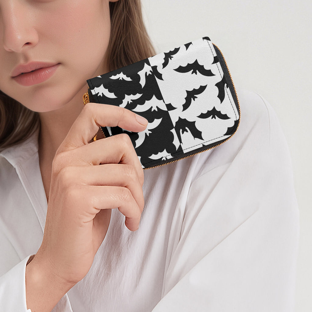 Black & White Bat Swarm Bifold Zipper Wallet lifestyle close-up