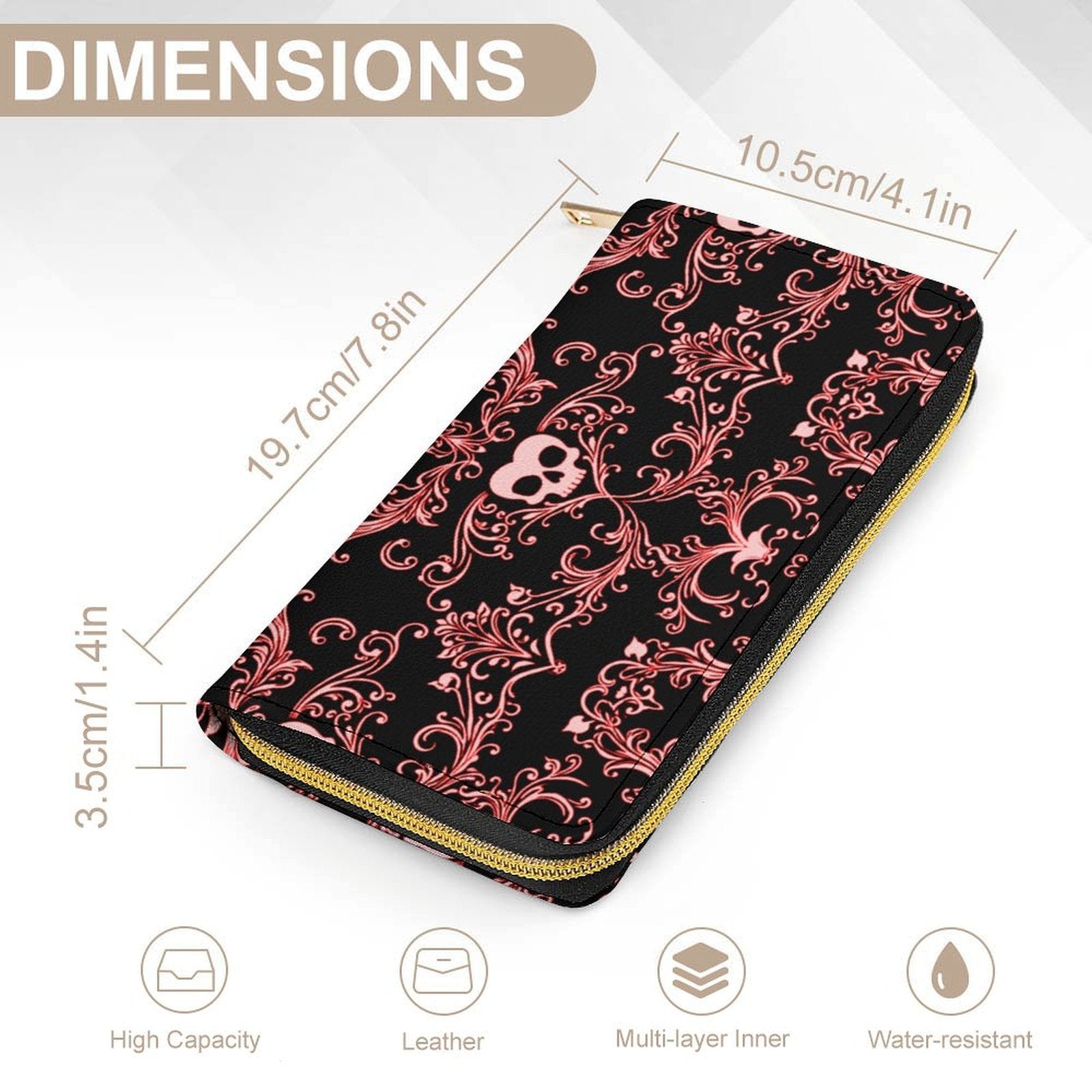 Pink Skull Damask Leather Wallet