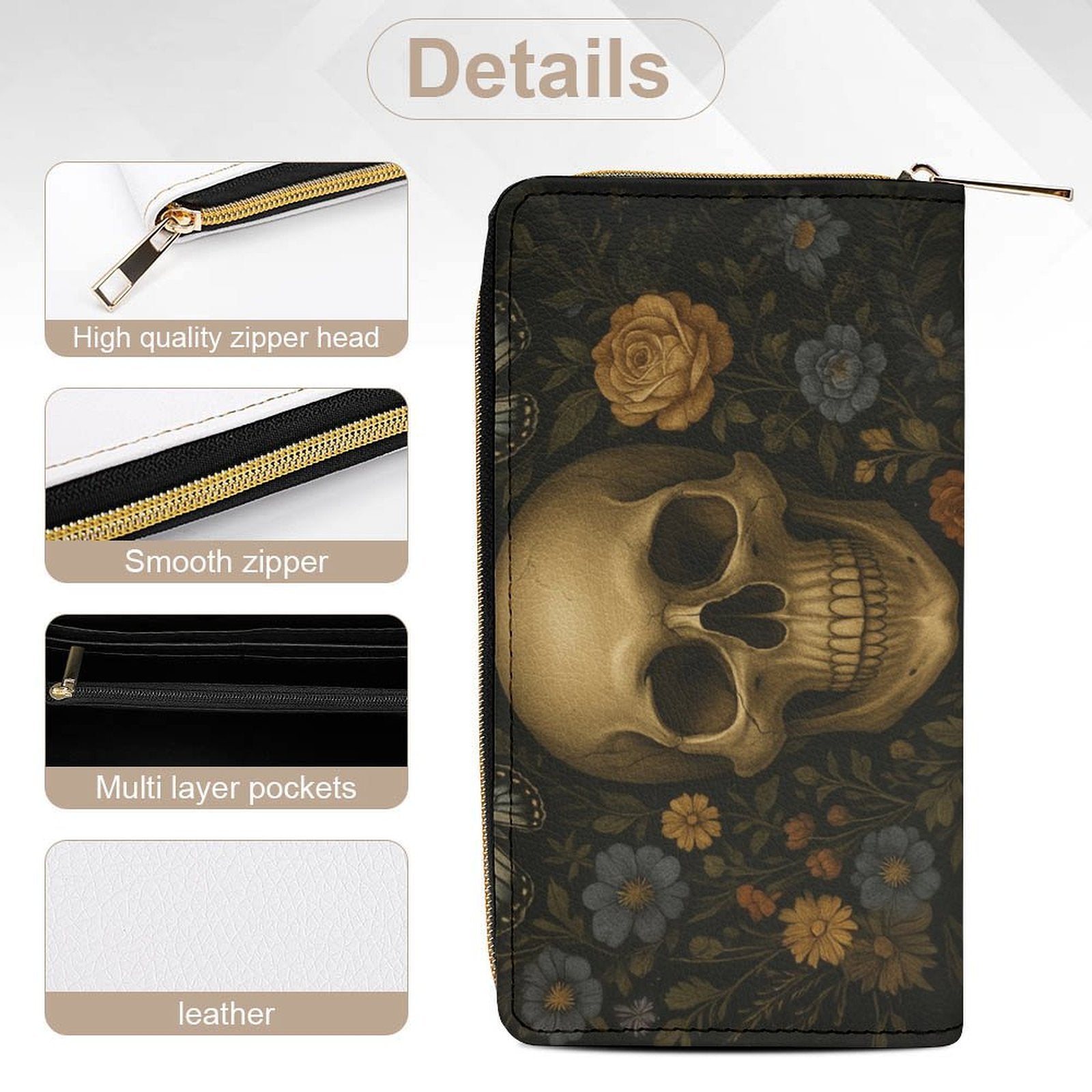 Golden Skull Floral Leather Wallet