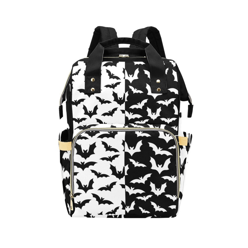 Black & White Bats Backpack front view with zippered front section and side pockets