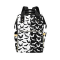 Black & White Bats Backpack front view with zippered front section and side pockets