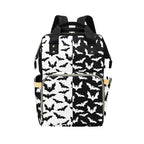 Black & White Bats Backpack front view with zippered front section and side pockets