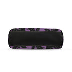 Underside of kisslock bag with purple and black bat pattern and black bottom panel