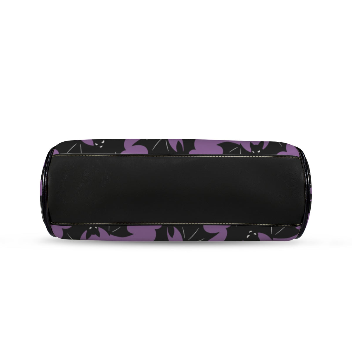 Underside of kisslock bag with purple and black bat pattern and black bottom panel