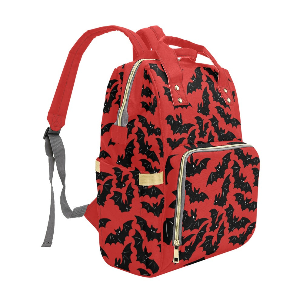 Red Bats Backpack left three-quarter view showing side pocket and front zipper