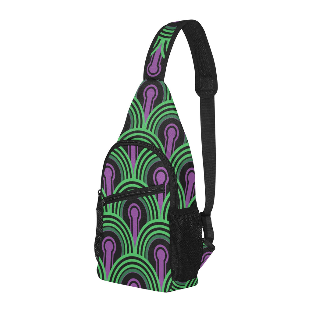 Three-quarter view of chest bag with green arches and purple keyhole pattern, front pocket and side mesh