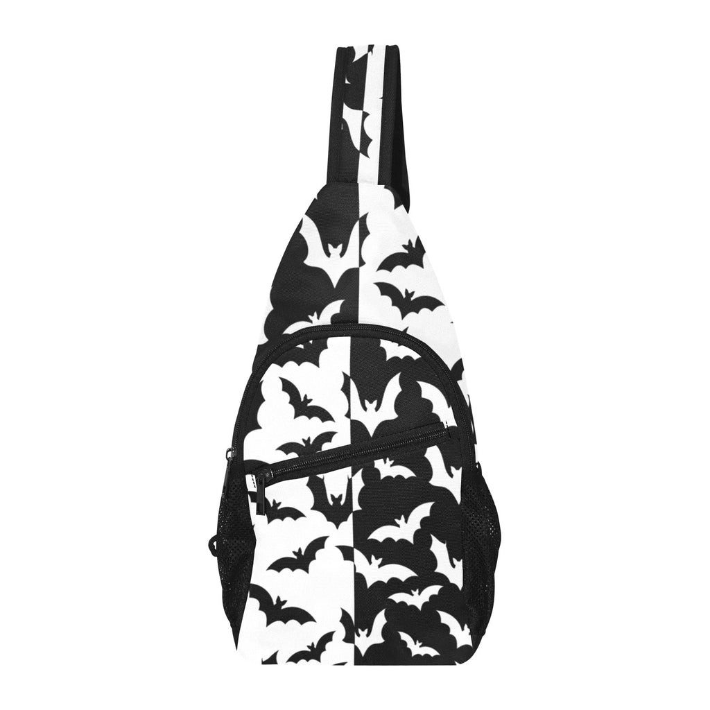 Chest bag with black and white bat pattern, upright view showing zippered front pocket