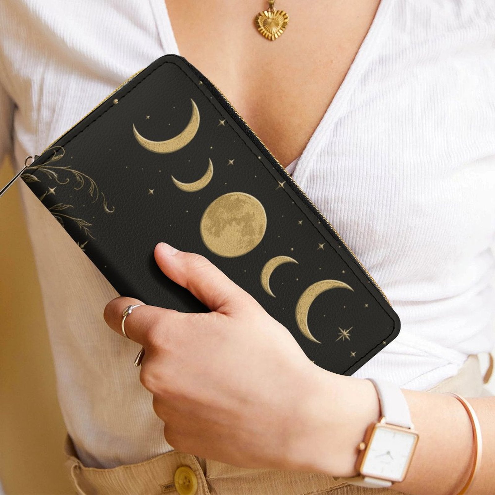 Golden Moon Phase Leather Wallet