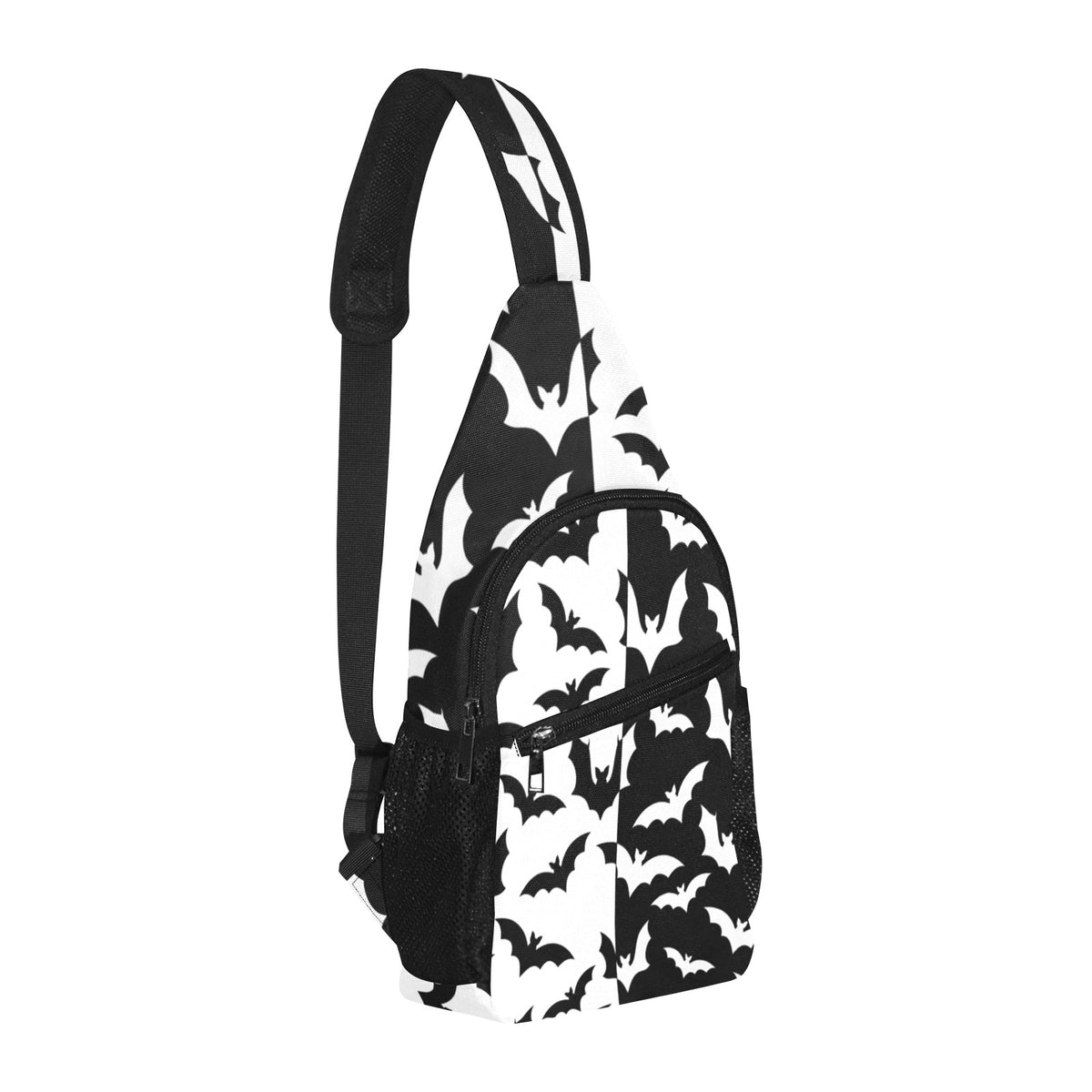 Opposite three-quarter view of chest bag with black and white bat pattern and shoulder strap