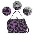 Kisslock bag with purple and black bat pattern, plus close-ups of print, clasp, and strap hardware