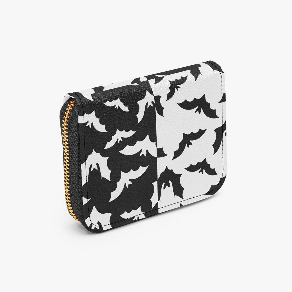 Black & White Bat Swarm Bifold Zipper Wallet angled exterior view