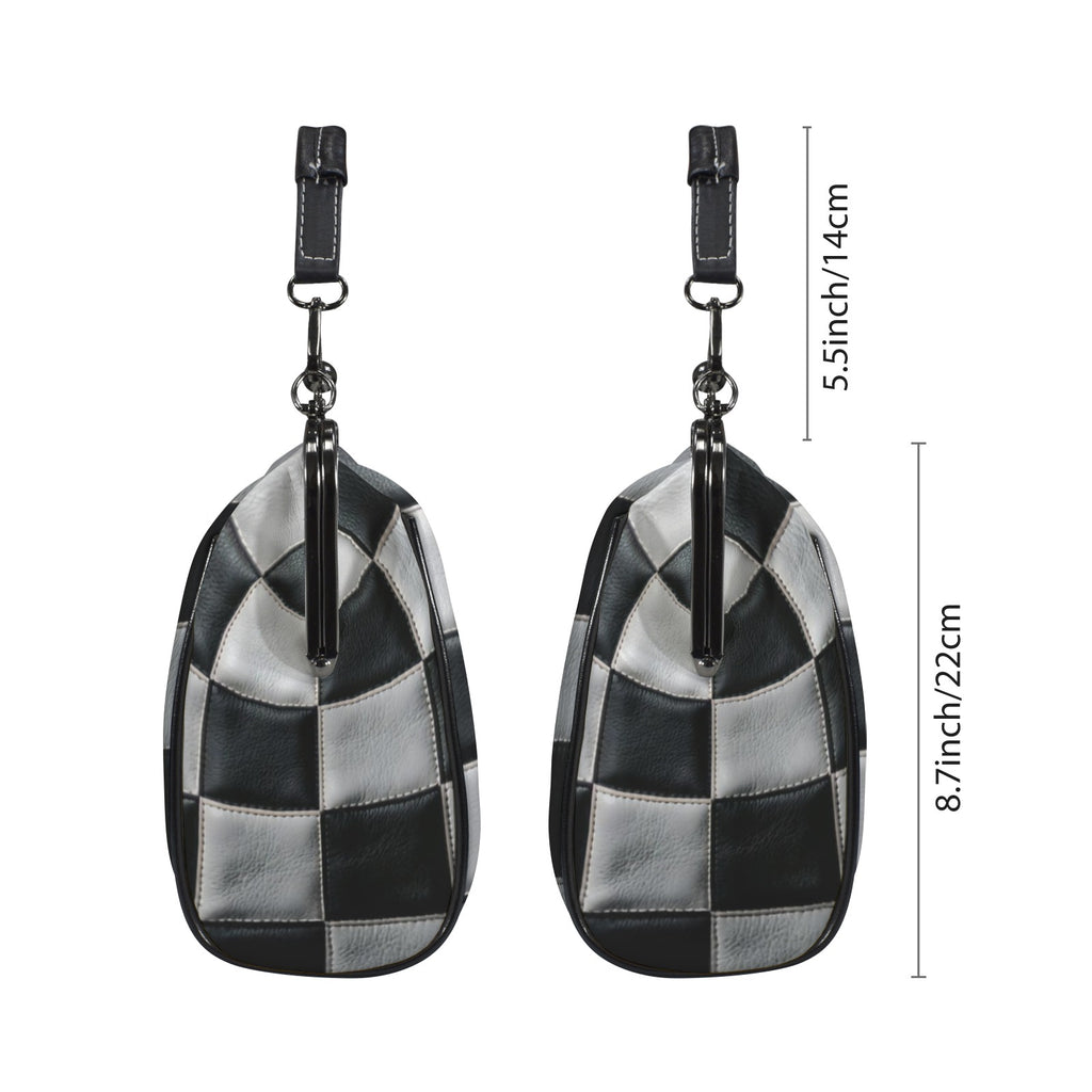 Two side profiles of kisslock bag with black and white checkerboard pattern beside dimension markers