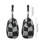 Two side profiles of kisslock bag with black and white checkerboard pattern beside dimension markers