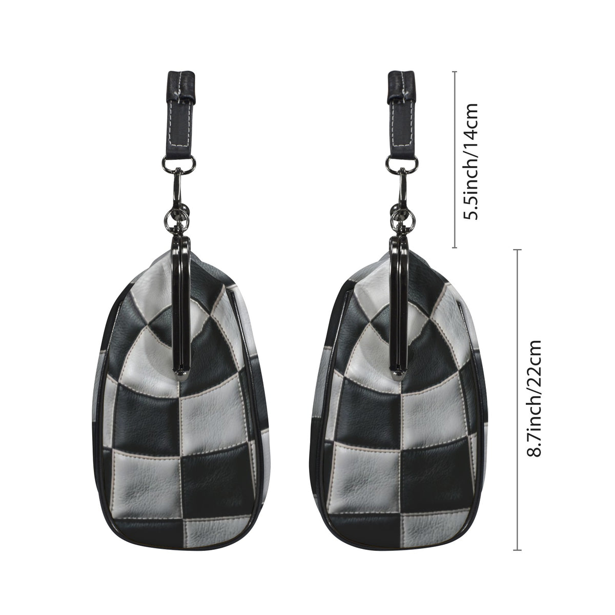 Two side profiles of kisslock bag with black and white checkerboard pattern beside dimension markers