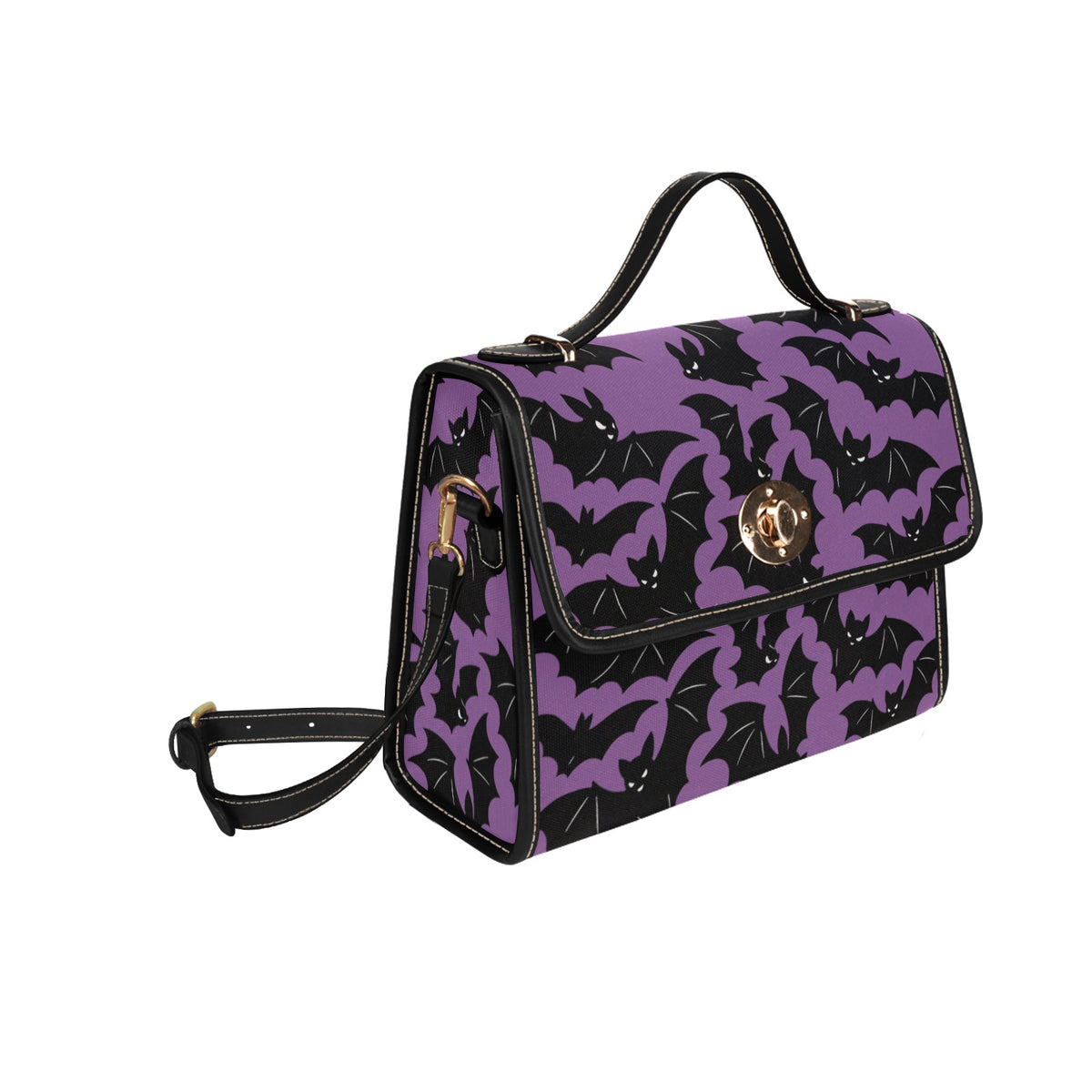 Purple Bat Swarm Canvas Bag left three-quarter view showing side gusset