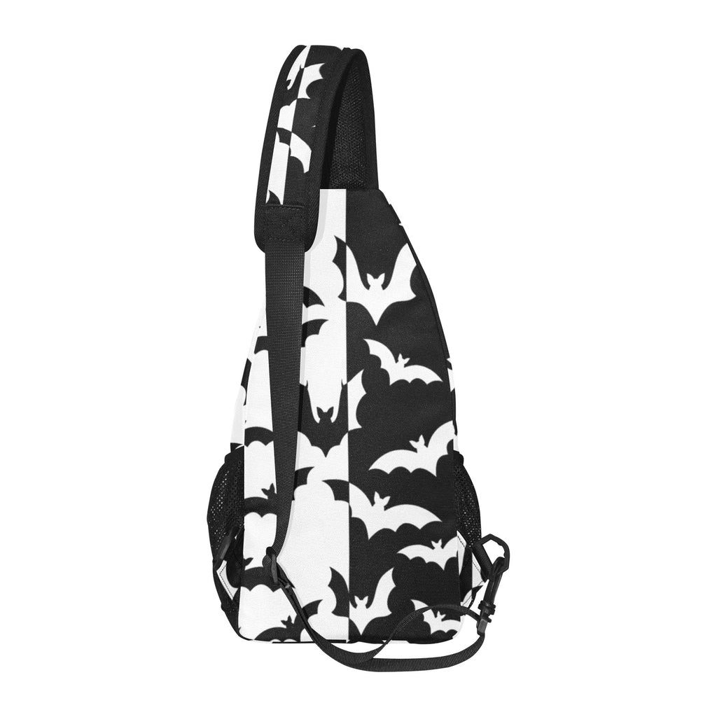 Side profile of chest bag with black and white bat pattern and adjustable shoulder strap