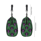 Two side profiles of kisslock bag with green arches and purple keyhole pattern beside dimension markers