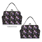 Kisslock bag with skeleton unicorns with purple and pink manes on black shown from two broad sides beside a width marker