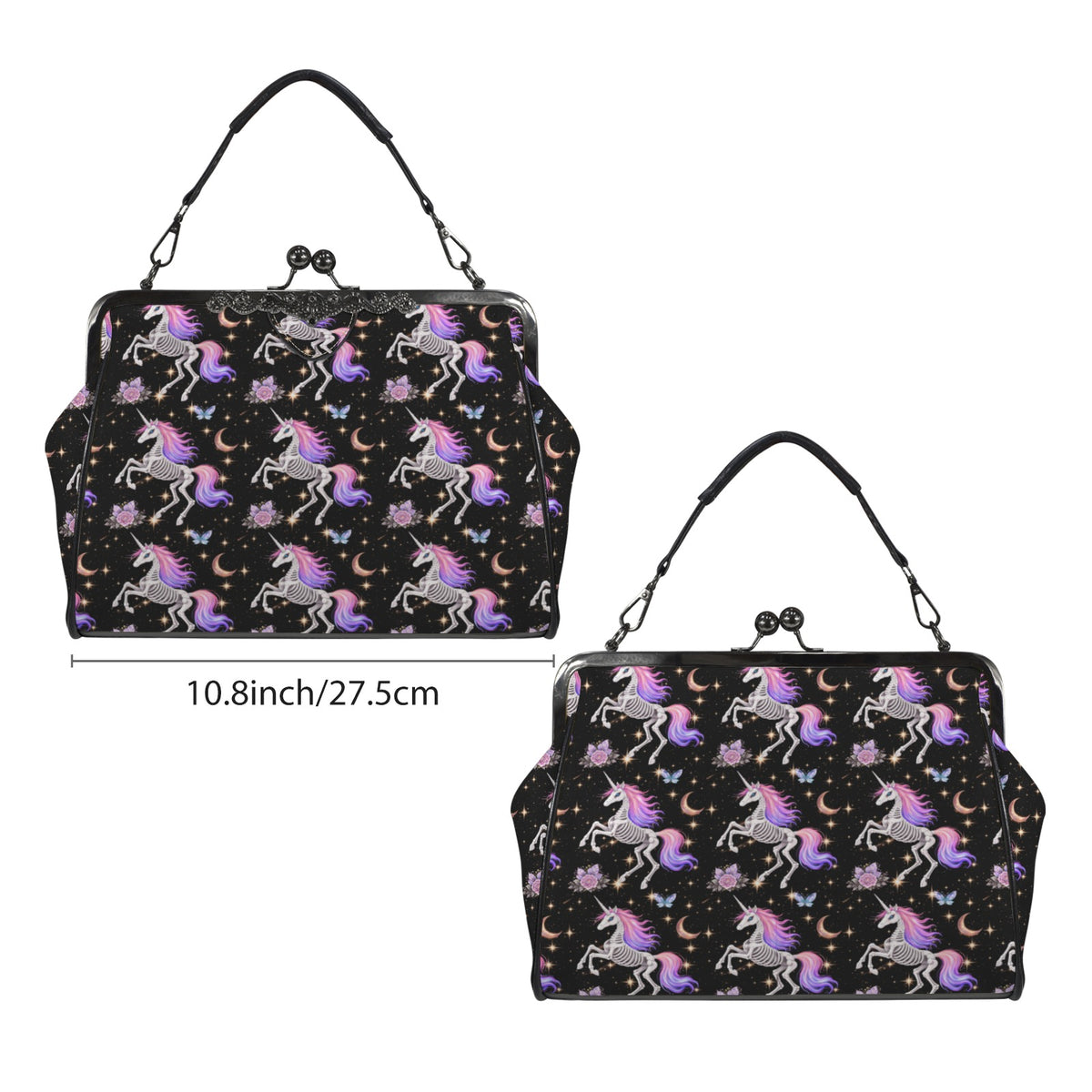 Kisslock bag with skeleton unicorns with purple and pink manes on black shown from two broad sides beside a width marker