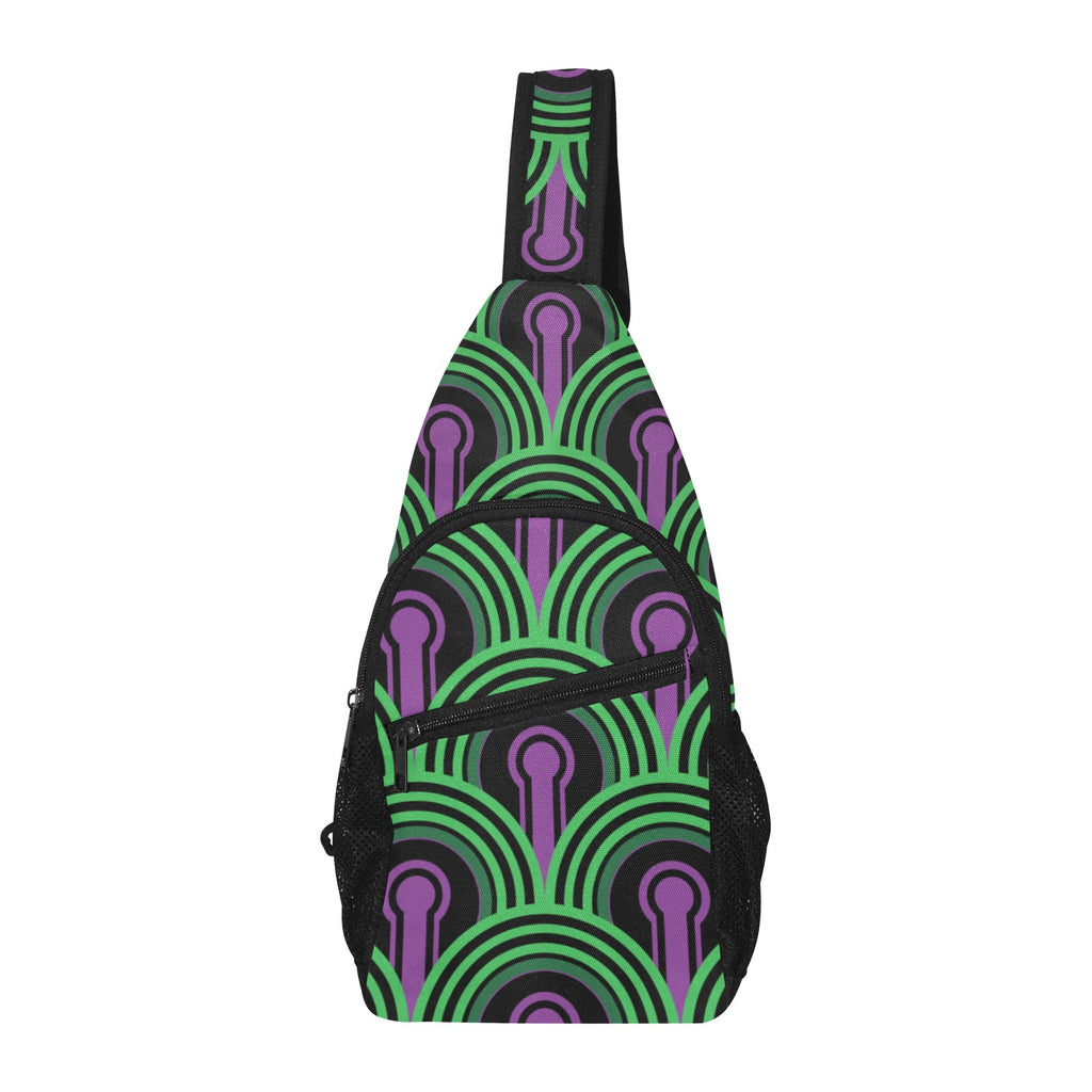 Chest bag with green arches and purple keyhole pattern, upright view showing zippered front pocket