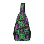 Chest bag with green arches and purple keyhole pattern, upright view showing zippered front pocket